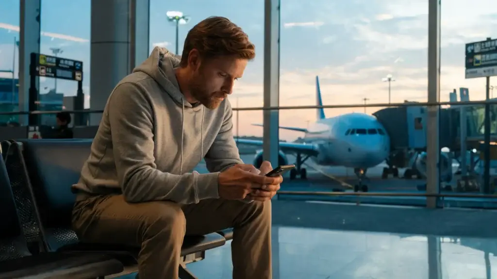 Voyageur européen préparant son VPN dans un aéroport avant son départ pour la Chine