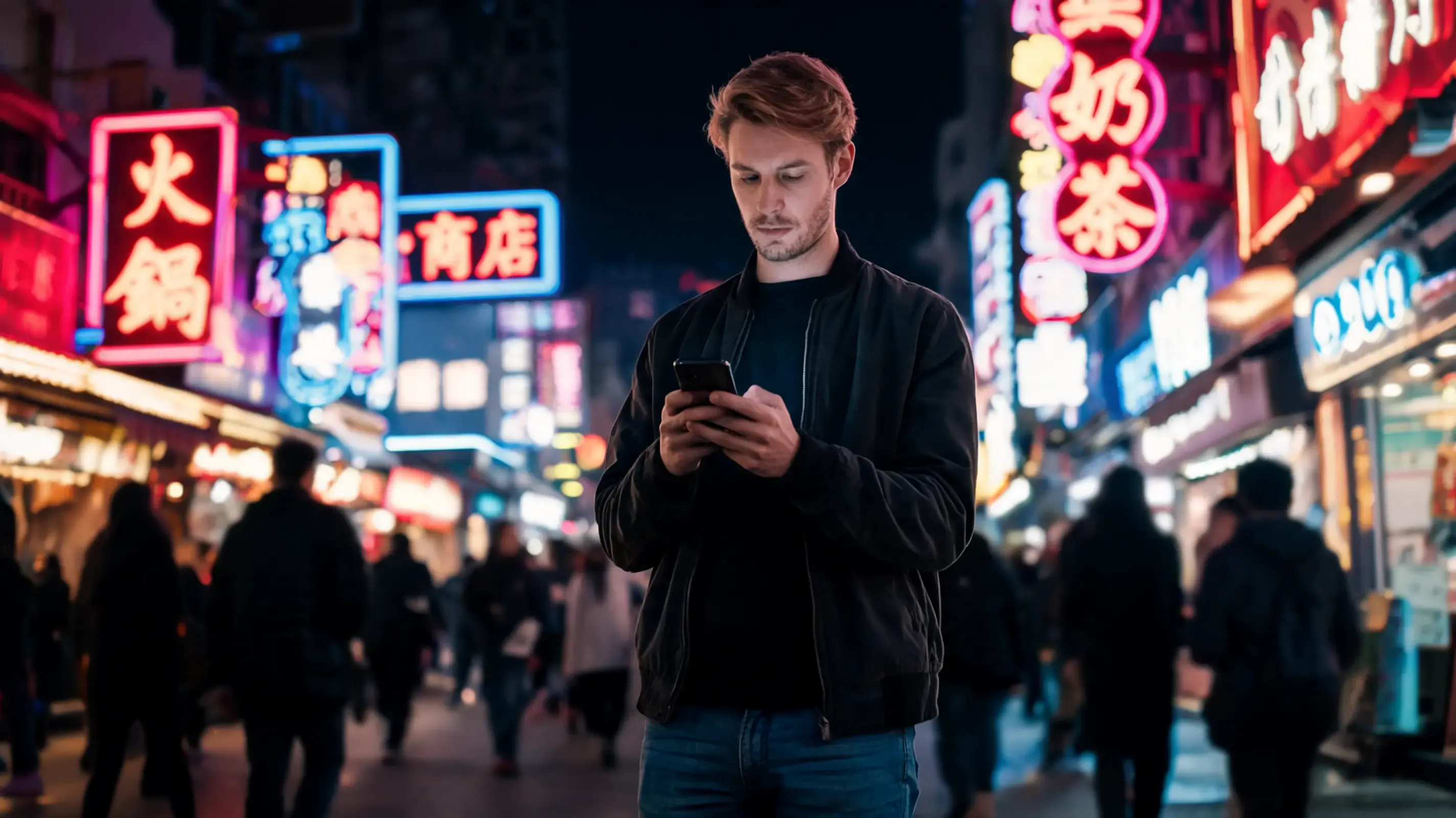 Voyageur utilisant son smartphone dans une rue commercante a l'etranger